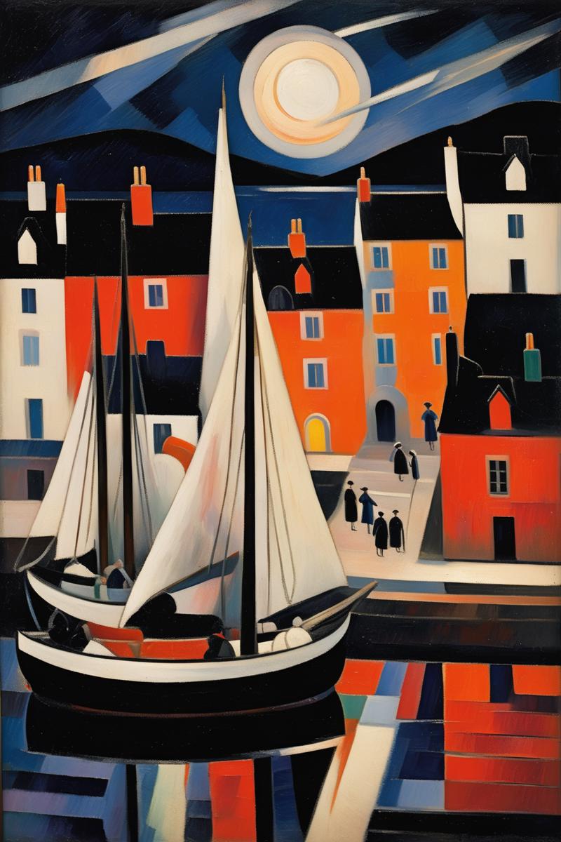 00568-1503696023-_lora_Lyonel Feininger Style_1_Lyonel Feininger Style - 102235. A painting by Alice Bailly. A painting of Avoch Harbour at night.png